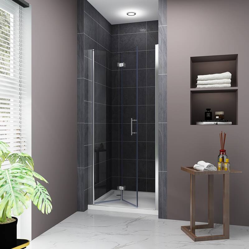Elegant Bi-Fold Frameless Pivot Swing Shower Door Enclosure with Clear Glass Panel and Hardware Kit Reversible Installation