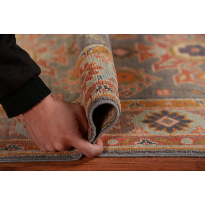 Geometric Grey Kazak Foyer Rug Hand-Knotted Wool Carpet - 2'6"x 4'4"