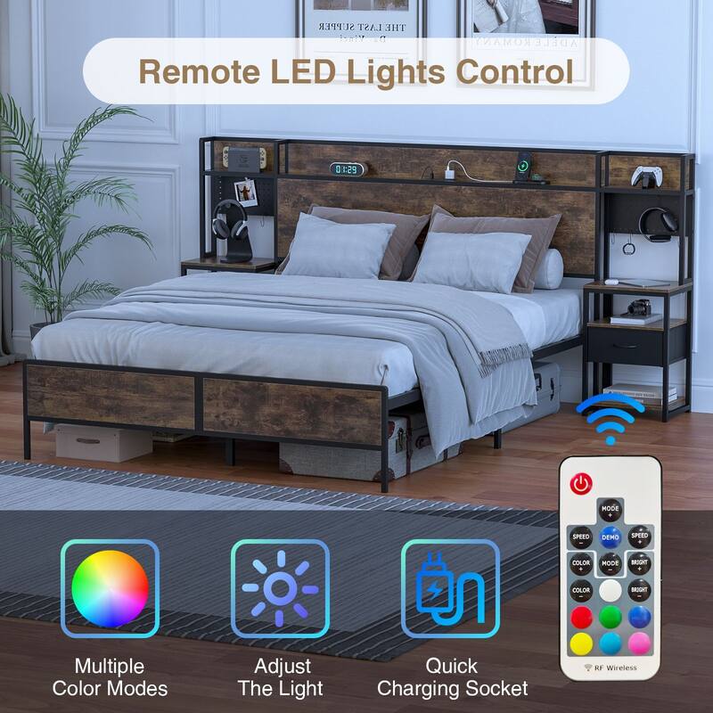 Anmytek Rustic Brown Queen/King Bed Frame with 2 Sliding Nightstands - Bookcase Storage Headboard