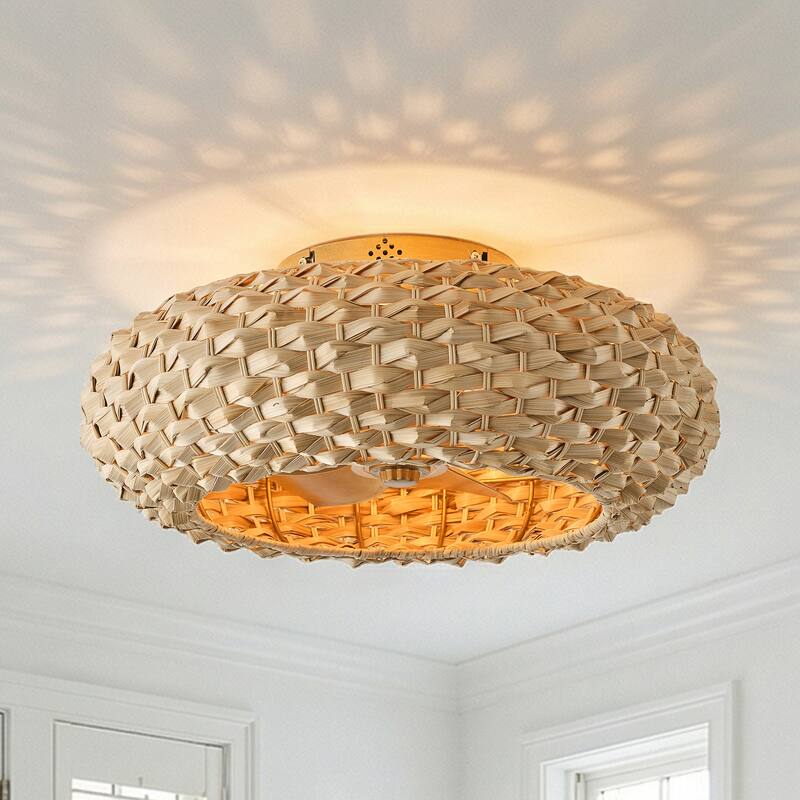 21" Farmhouse Natural 4-Light Handwoven Bamboo Flush Mount Ceiling Fan with Remote