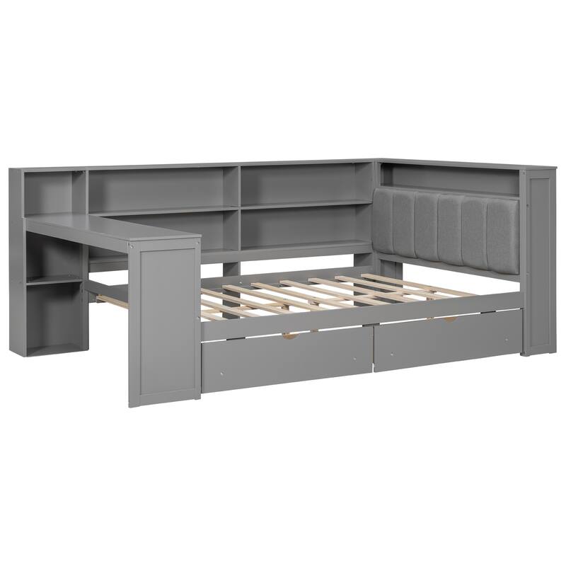 Wood Daybed Twin Size Platform Bed with Storage Shelves, Drawers, Charging Station, Desk, LED and Upholstered Cushion Headboard