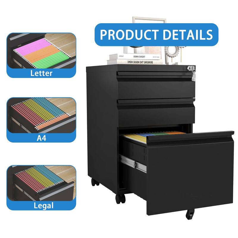 Modern Filing Cabinet, Mobile Filing Cabinet with Full-extension Drawer Slides and Removable Pencil Case, for Home Office
