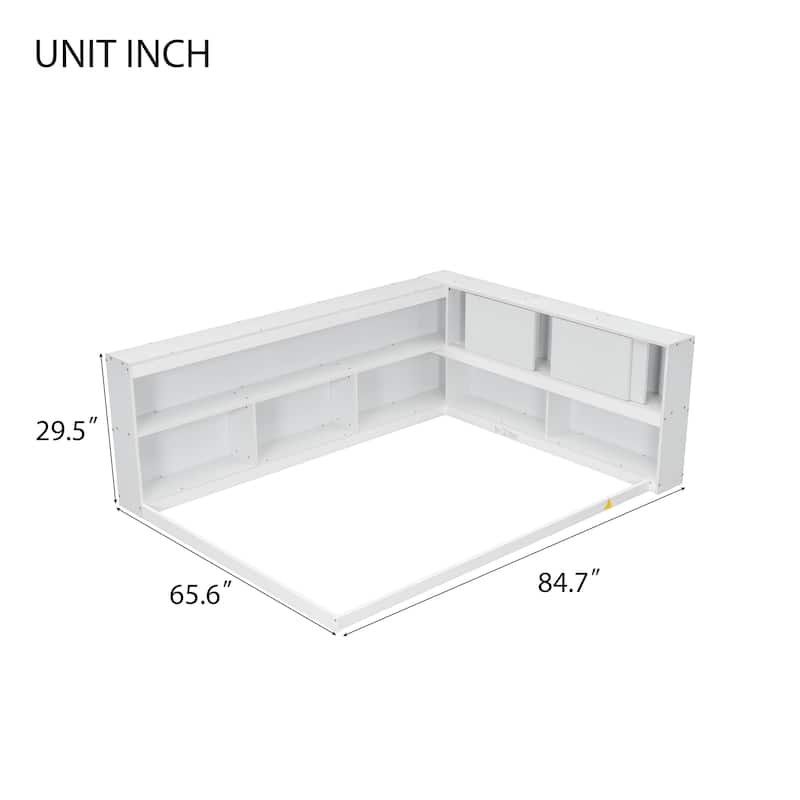 Full Size Wood Floor Bed with L-shaped Bookcases, sliding doors, without slats