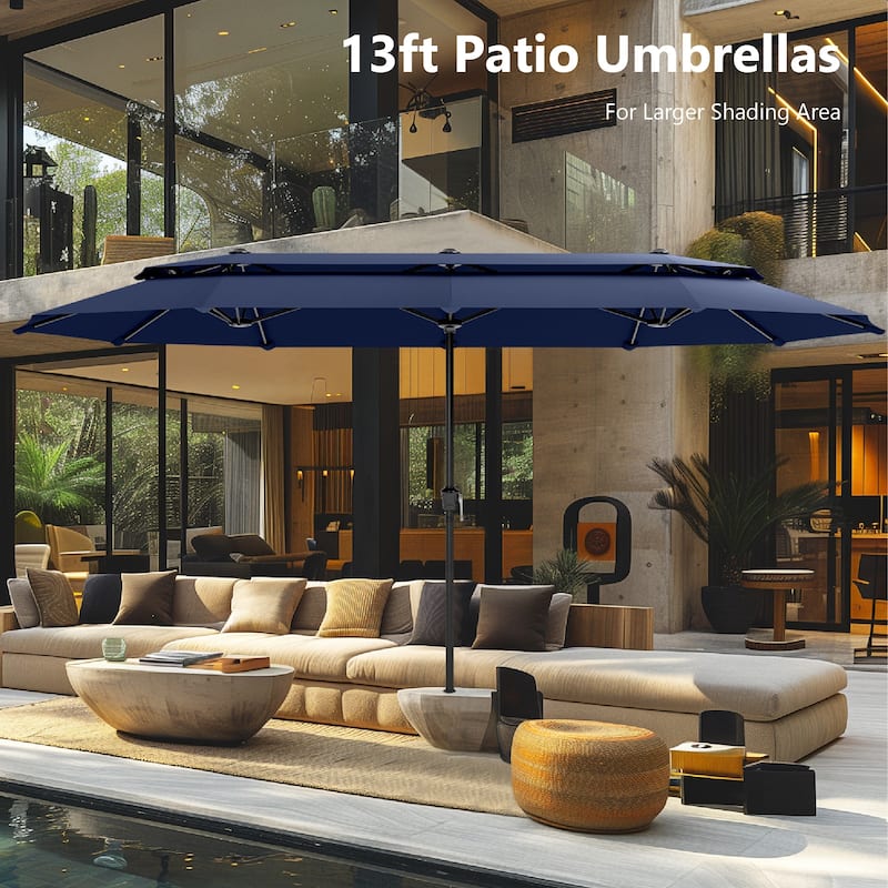 MAISON ARTS 13ft Double-Sided Outdoor Umbrella, 2-Tier Vented Market Umbrella with Colored Lights and Base