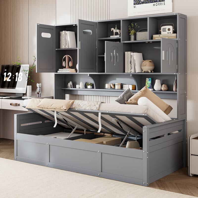 Wooden Daybed Storage Platform Bed with All-in-One Cabinet and Shelf, 10 Slats Multi-Functional Space-Optimizing Bed Frame - Grey - Twin