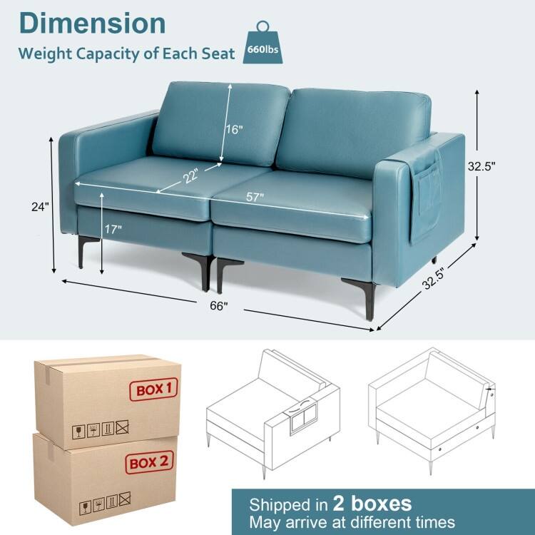 Modern Loveseat Sofa Couch with Side Storage Pocket and Sponged Padded Seat Cushions - 66" x 32.5" x 32.5" (L x W x H)