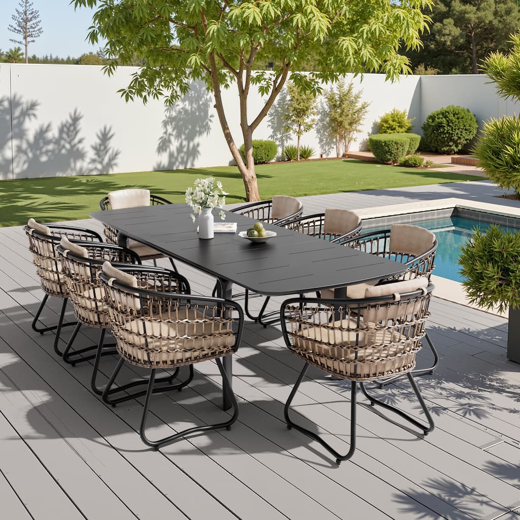 9-PC Outdoor Patio Aluminum Expandable Dining Sets Extension Table with Rattan Chairs