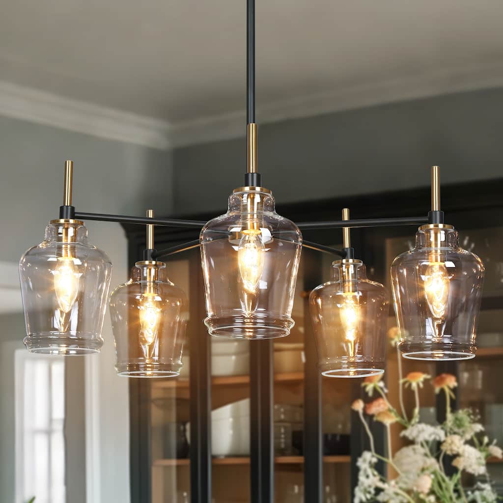 Modern 5-Light Black Gold Wagon Wheel Chandeliers Glass Pendant Light for Kitchen Dining Room