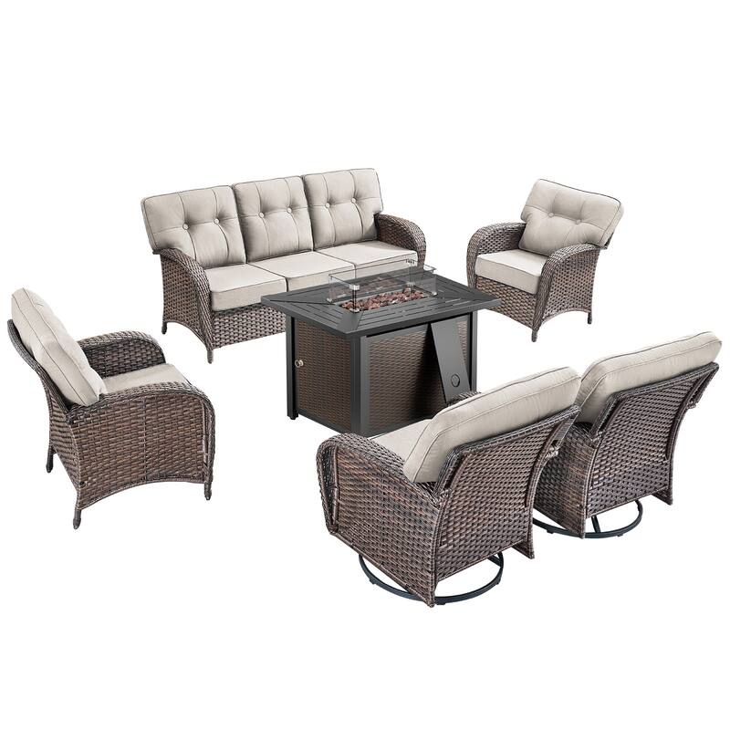 Pocassy Outdoor 43 In Fire Table with Sofa Swivel Patio Chair Set