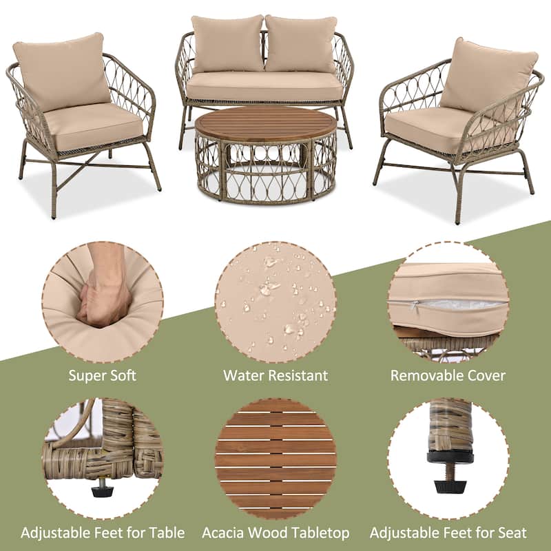 Patio Conversation Set 4 Pieces Patio Furniture Set Wicker with Removable Cushions, Loveseats and Dining Table