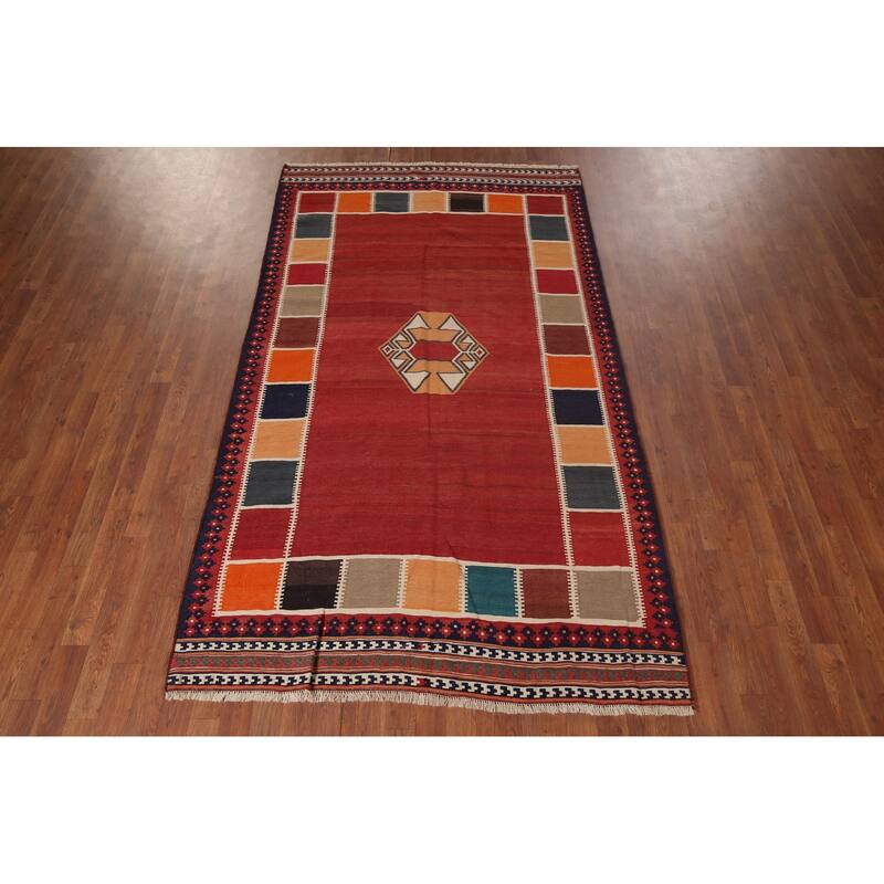 Vegetable Dye Kilim Qashqai Persian Vintage Flatweave Red Wool Carpet - 4'11"x 8'7"