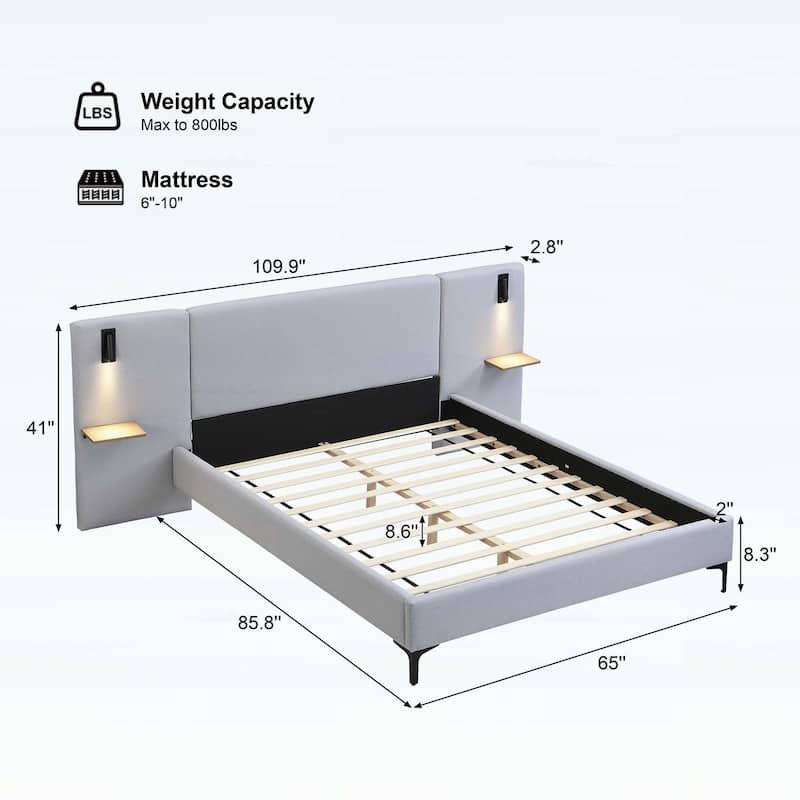 Chic Linen Upholstered Bed with Integrated Lights and Shelves