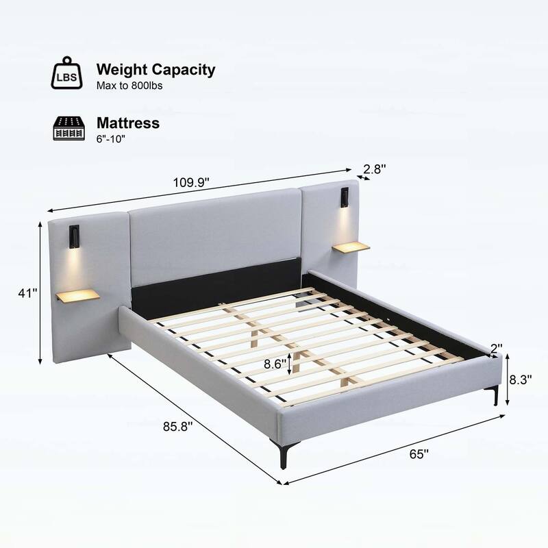 Stylish Design Linen Upholstered Bed with Integrated Lights and Shelves,for Modern and Rustic Interiors