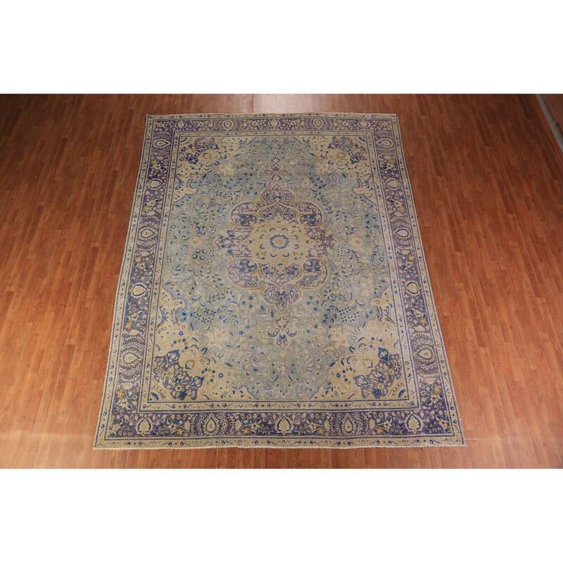 Floral Blue Medallion Tabriz Persian Area Rug Hand-Knotted Wool Carpet - 9'5"x 12'4"