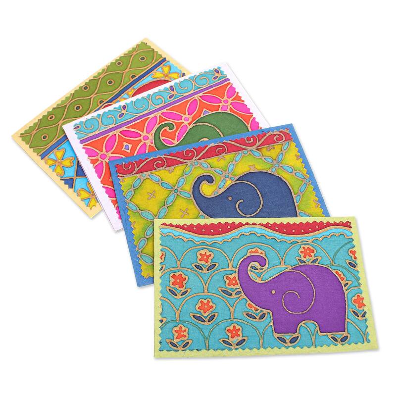 Novica Handmade Festive Elephant Cotton And Paper Greeting Cards (Set Of 4)