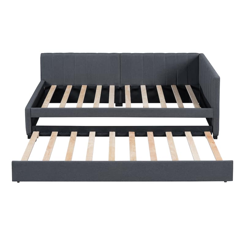 Upholstered Daybed with Trundle Twin Size Sofa Bed Frame No Box Spring Needed, Linen Fabric