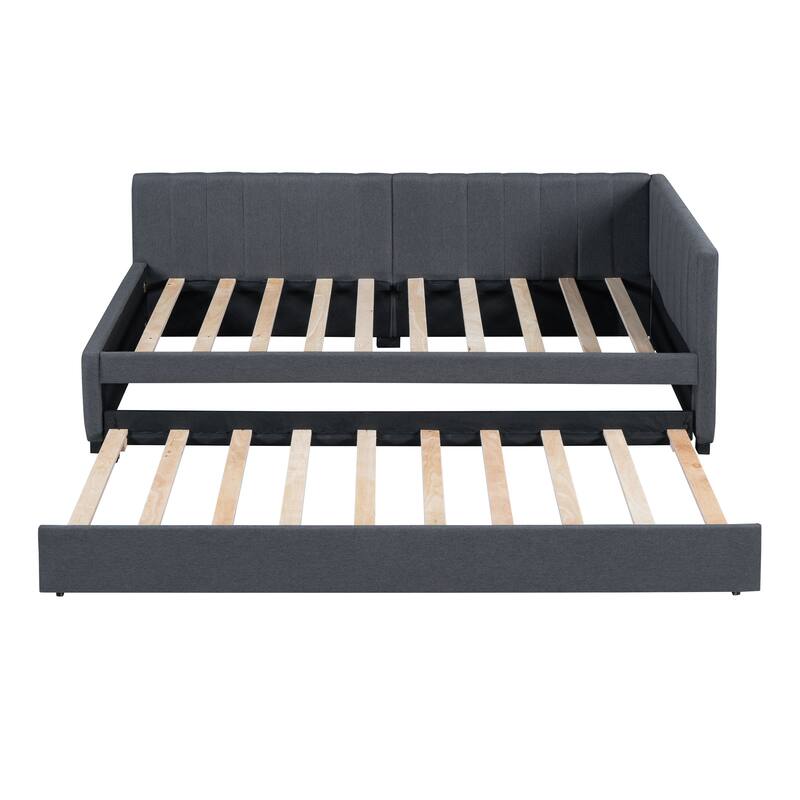 Upholstered Daybed with Twin Size Trundle, Twin Size Linen Fabric Sofa Bed Frame with L-Shaped Headboard, No Box Spring Needed