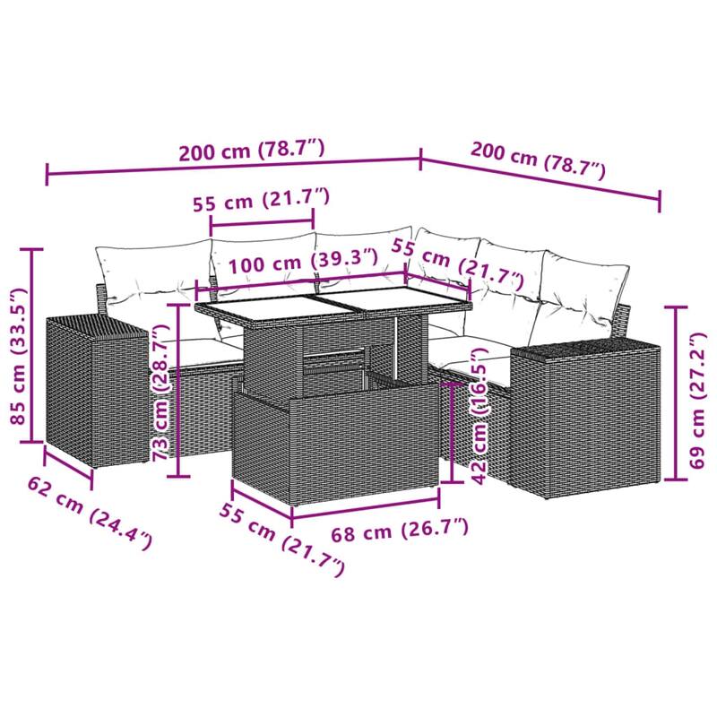 vidaXL Patio Sofa Set with Cushions Outdoor Furniture 6 Piece Poly Rattan - 21.7 x 39.4 x 28.7