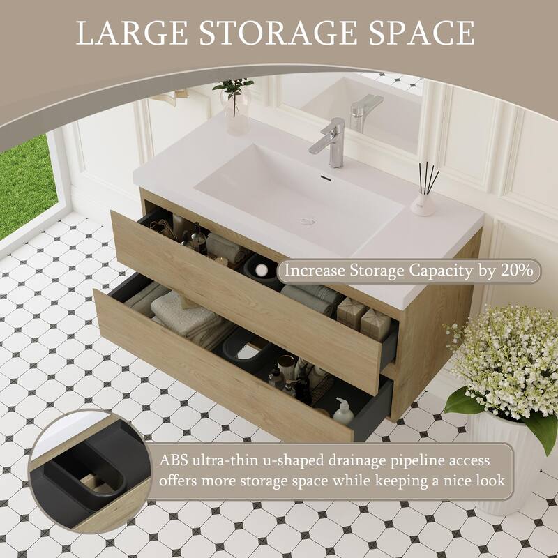 Modern Wall-Mounted Bathroom Vanity with White Solid Surface Top