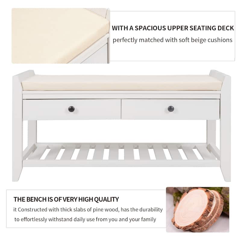 Shoe Rack with Cushioned Seat and Drawers, Multipurpose Entryway Storage Bench (White)