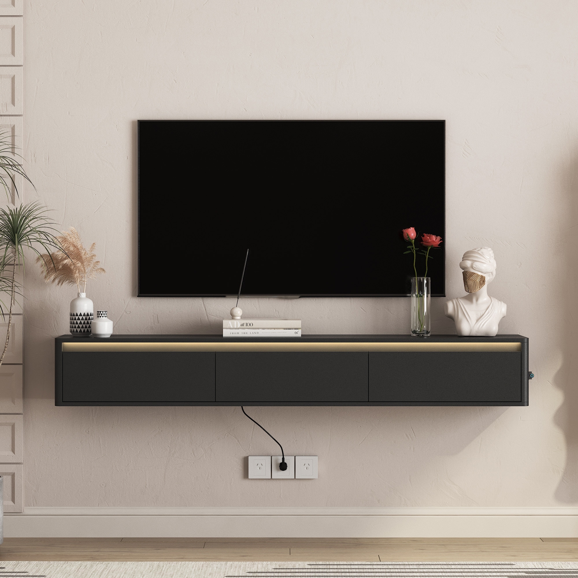 68.9''Floating TV Stand, Wall Mounted TV Shelf with Led Lights & Power Outlet,High Gloss TV Cabinet for Wood tv Stands