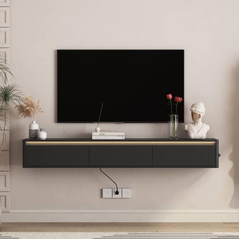 Floating LED TV Stand Wall Mounted TV Console, High Gloss TV Cabinet with LED Light & Power Outlet