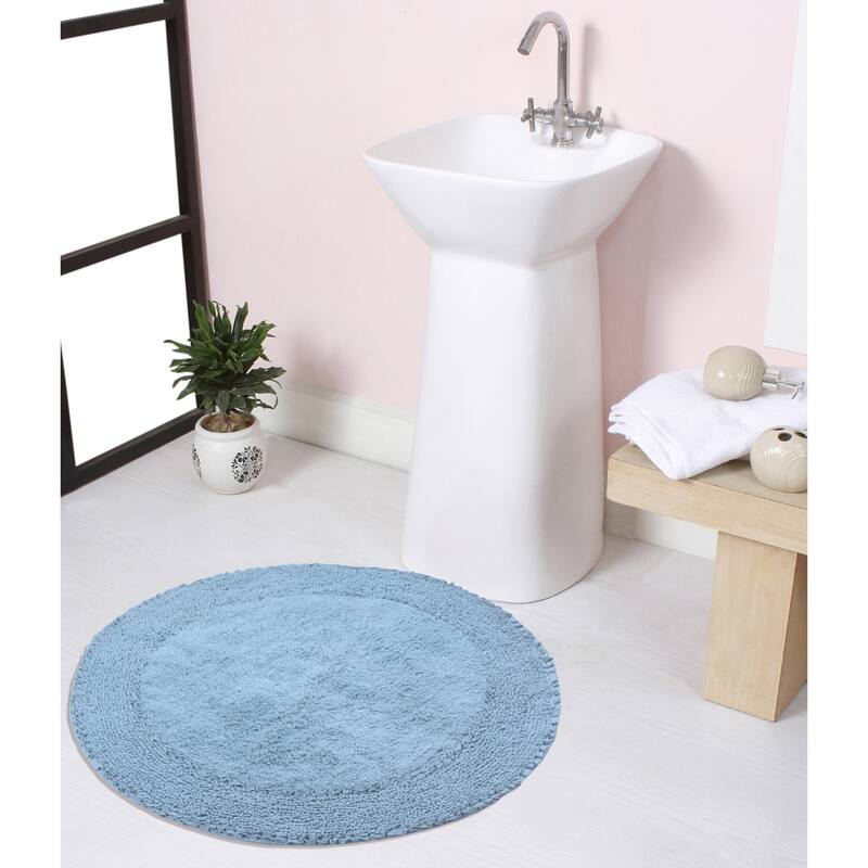 Double Ruffle Cotton Bathroom Rug, Water Absorbent Bath Rug, Non Slip Shower Rug Machine Washable 28" Round - Blue