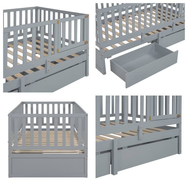 Twin Size Wood Daybed with Fence Guardrails and 2 Drawers