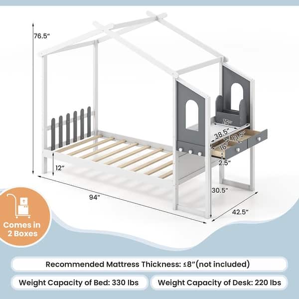 Gymax Twin Size Kids House Bed w/ Study Desk & Removable Box Drawers