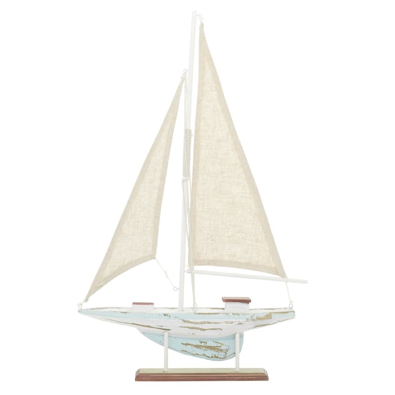 Blue Wood Distressed Sail Boat Decorative Sculpture with Cream Linen Sails and Brown Accents
