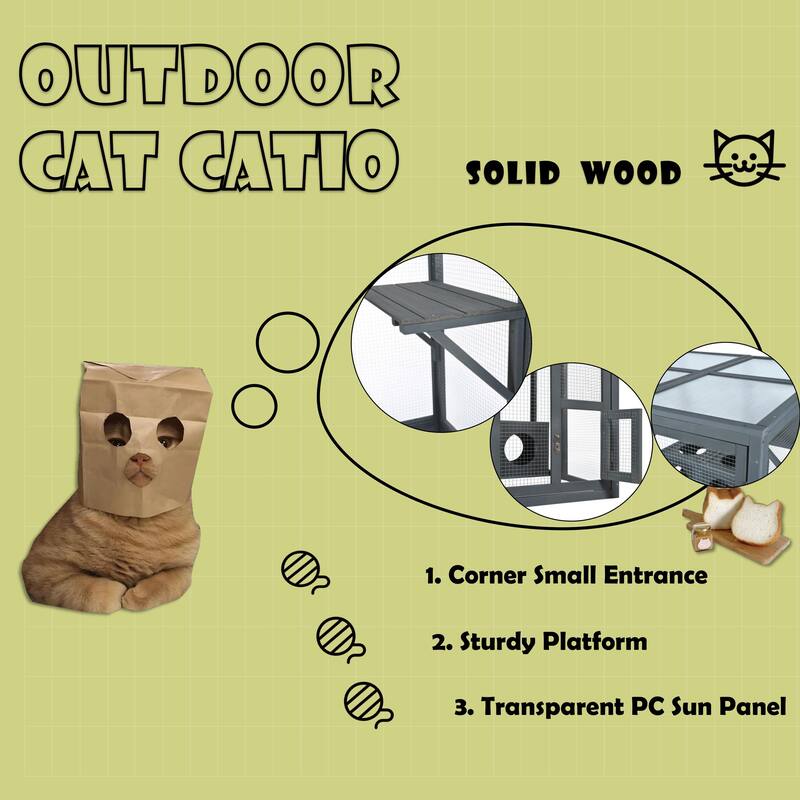 Outdoor Cat Catio Enclosure with Double Enter Doors & Climbing shelves, Weatherproof Pine Wood Playground with 7 Wood Boxes