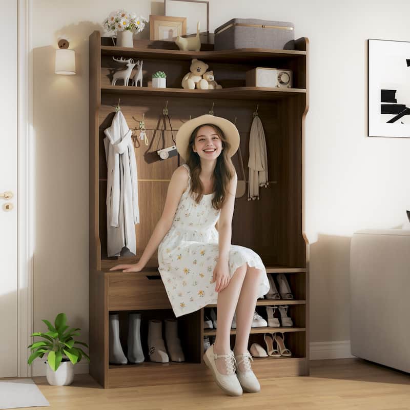 Hall Tree with Bench and Shoe Storage, 5 in 1 Entryway Organizer with Flip Shoe Cabinet, Hooks and Drawer