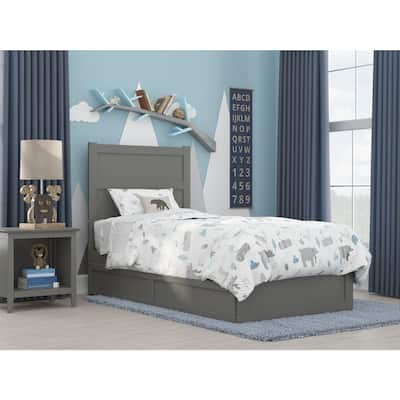 Twin Bed with Trundle - Grey Platform Bed Frame, Modern Style, Solid Wood, Charging Station