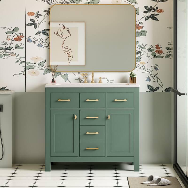 GDFStudio - Norham Modern Bathroom Vanity Set with Ceramic Sink and 4 Storage Drawers & 2 Doors - 36'W - Green