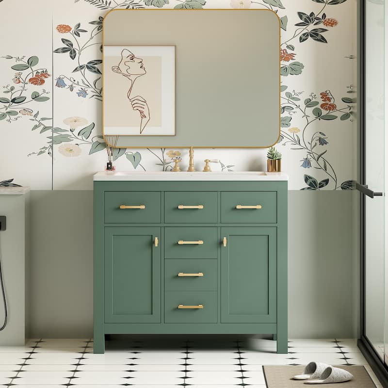Roomfitters 36" Vanity with Ceramic Sink, Solid Wood Freestanding Cabinet with 4 Drawers and 2 Doors, Storage Unit for Bathroom