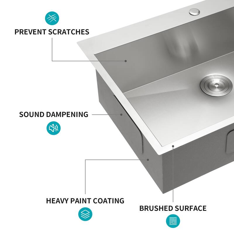 36 x 22 x 9 inch Kitchen Sink Drop In 16 Gauge Stainless Steel 36" Single Bowl Topmount Kitchen Sink Basin