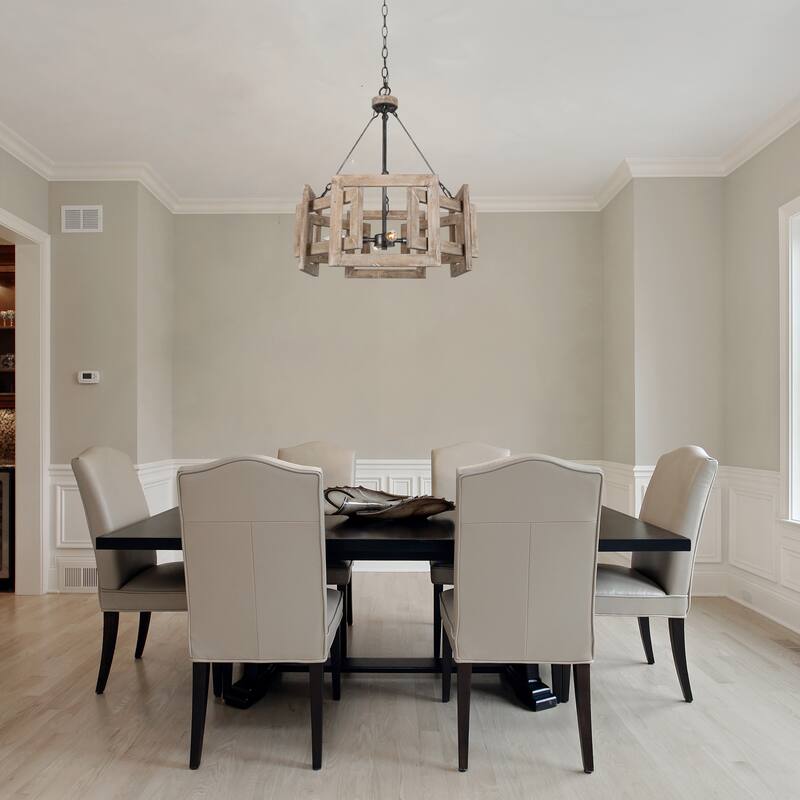 Kiria Farmhouse Wood Drum Chandelier 4-light Geometrical Foyer Ceiling Lights for Dining Room - L20" xW20 "xH22.4"
