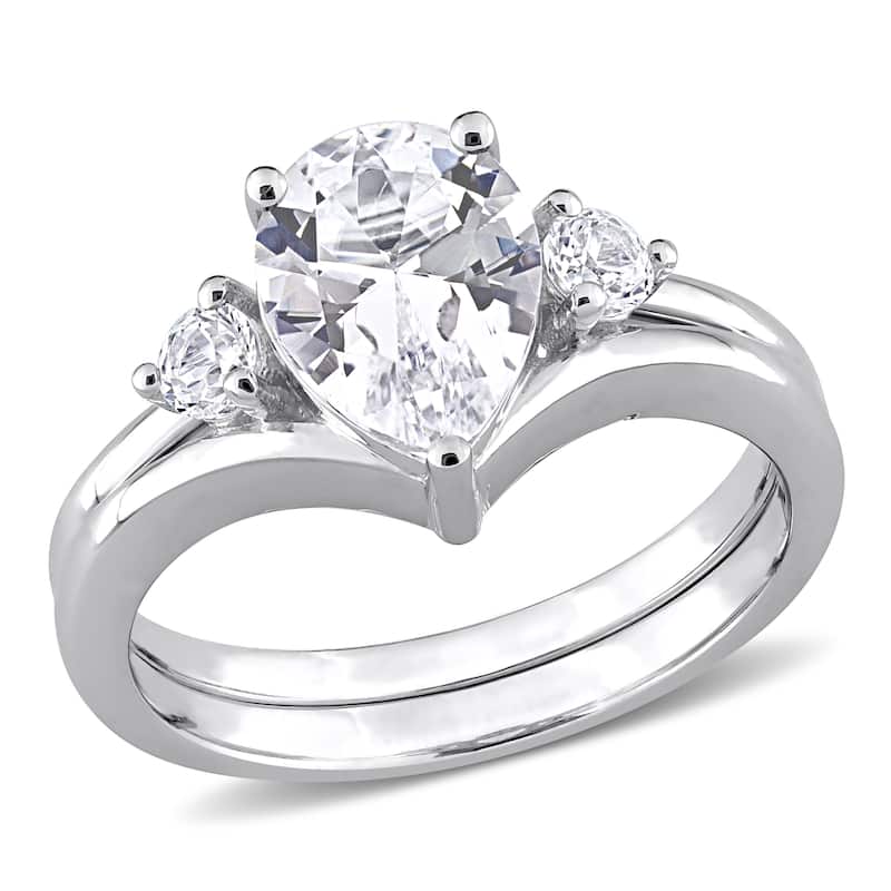 Miadora Pear-cut Created White Sapphire 3-Stone Teardrop Bridal Ring Set in 10k White Gold