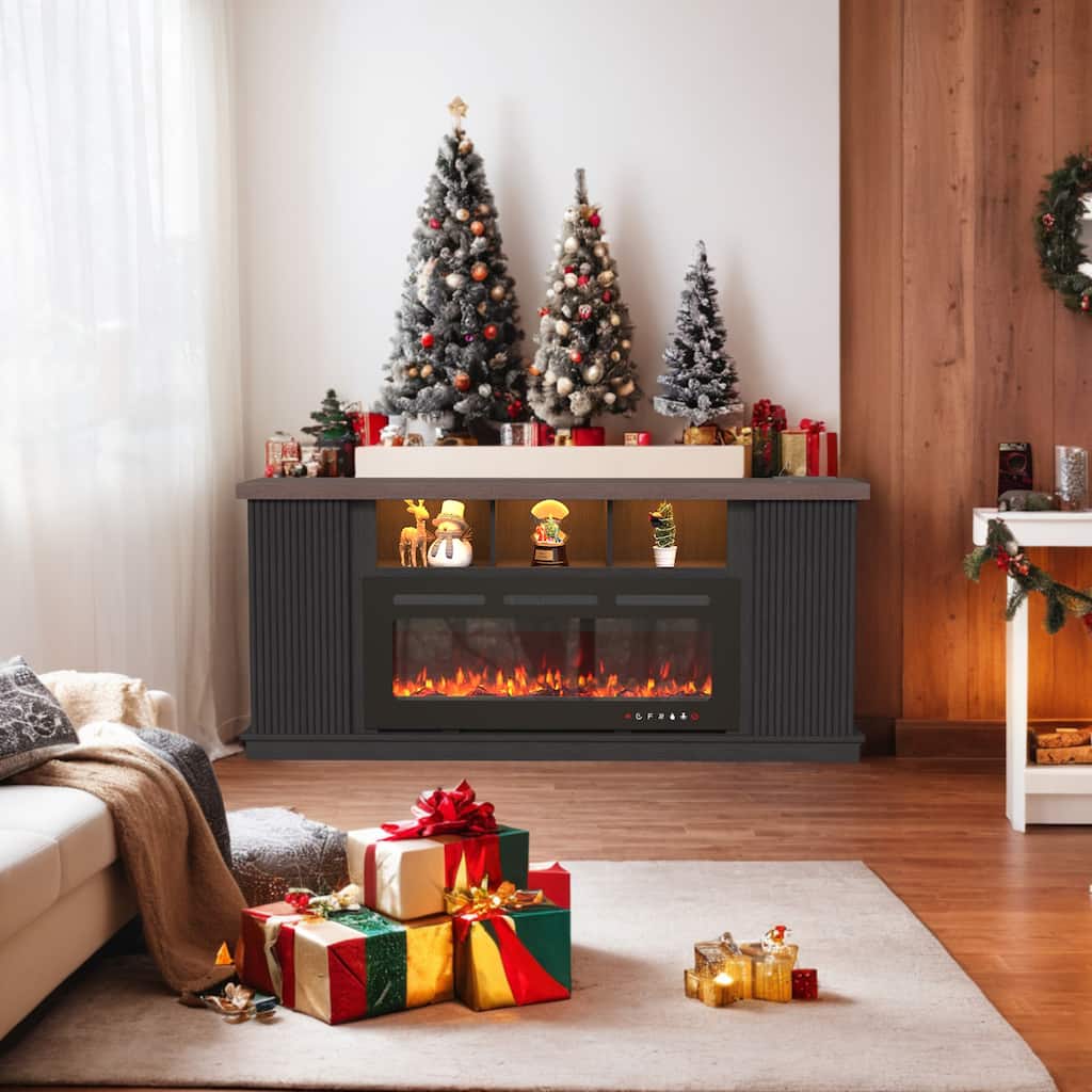 70" Vintage TV Stand with 42" Electric Fireplace, Double Doors, Ideal for Living Room or Bedroom - 70''×15''×31''