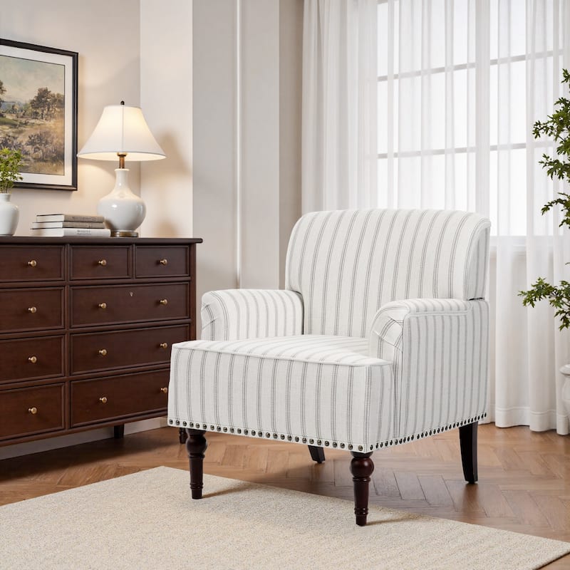 Striped Upholstered Linen Armchair with Brass Nailhead Trim