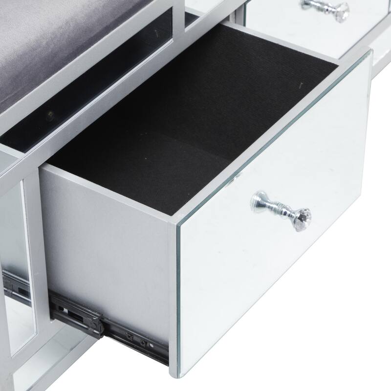 Gray Velvet Mirrored 3 Drawer Room Storage Bench with Upholstered Seat