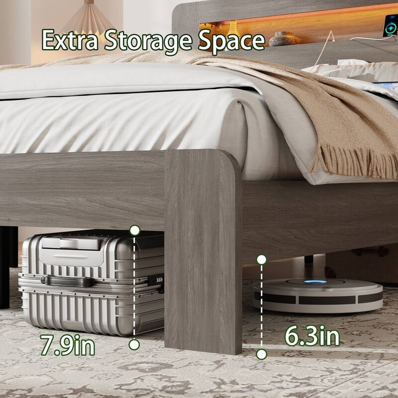 Wood Platform Bed Frame with Storage LED Light Headboard and 2 USB