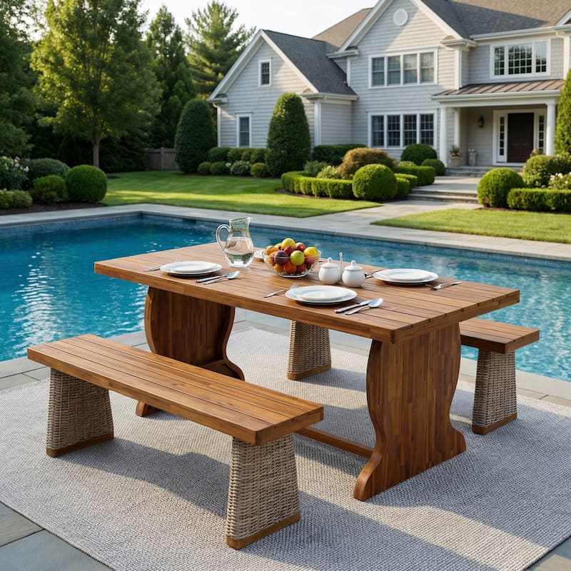 Christopher Knight Home - 3-Piece Outdoor Acacia Wood Dining Set with 2 Woven Ratan Leg Benches & 70" Solid Wood Dining Table - Brown Wicker+Teak Finish
