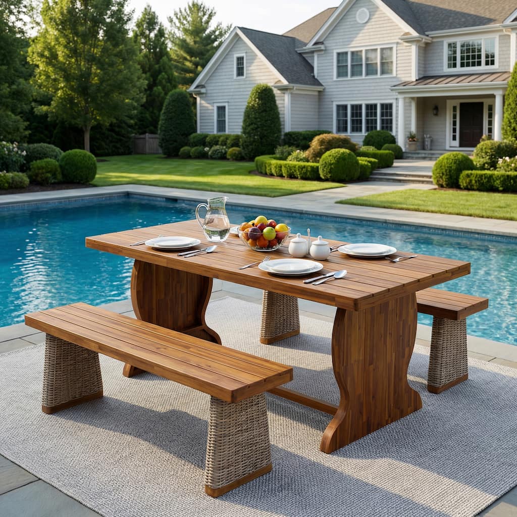 Christopher Knight Home - 3-Piece Outdoor Acacia Wood Dining Set with 2 Woven Ratan Leg Benches & 70" Solid Wood Dining Table