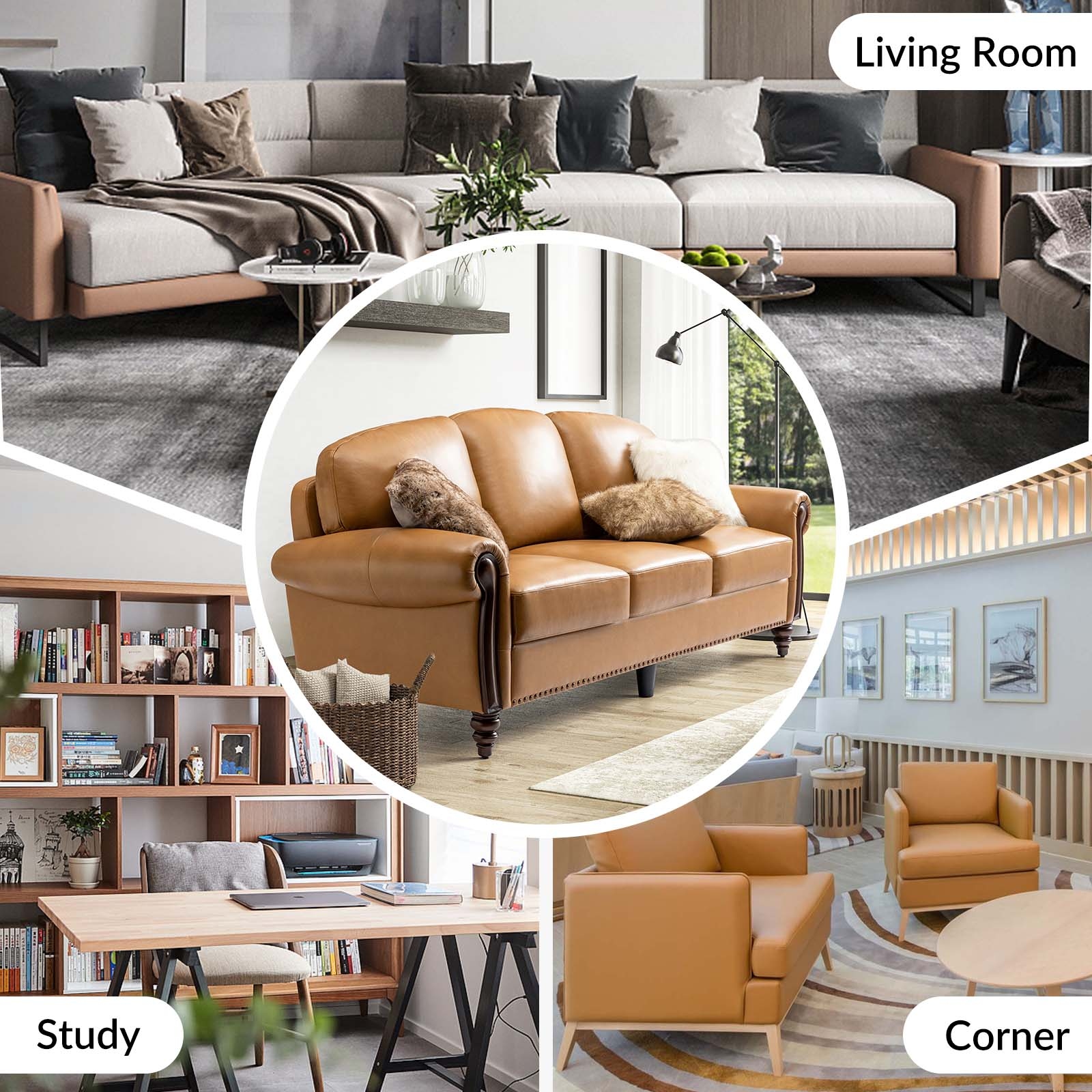 Eduard 84 Traditional Genuine Leather Sofa with Carved Wood Legs by Hulala Home Camel