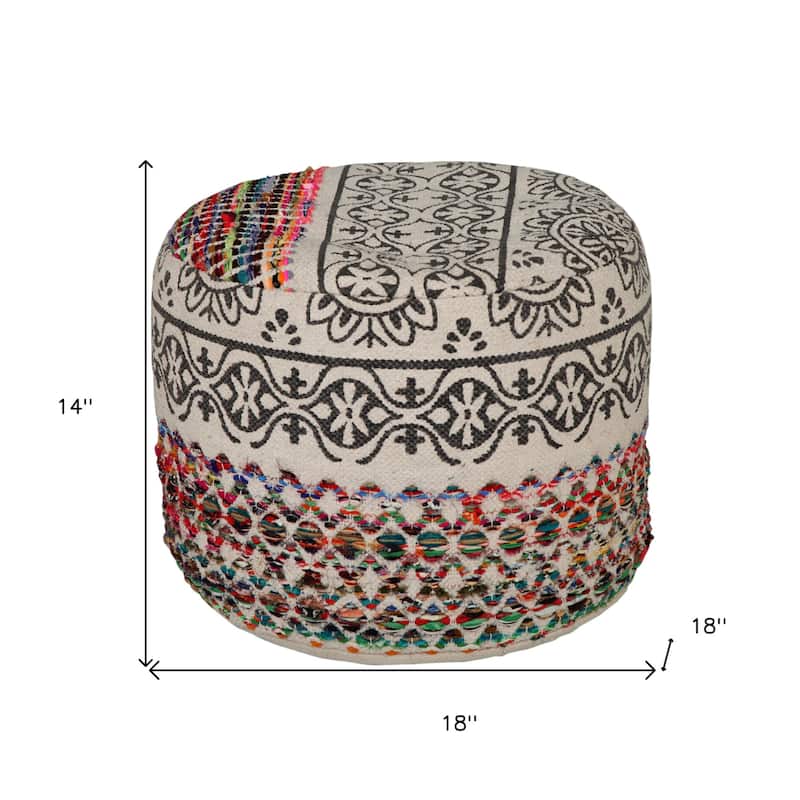 Decorative Boho Pouf for Living Room 18" Upholstered Ottoman in Rainbow and Grey Cotton Blend