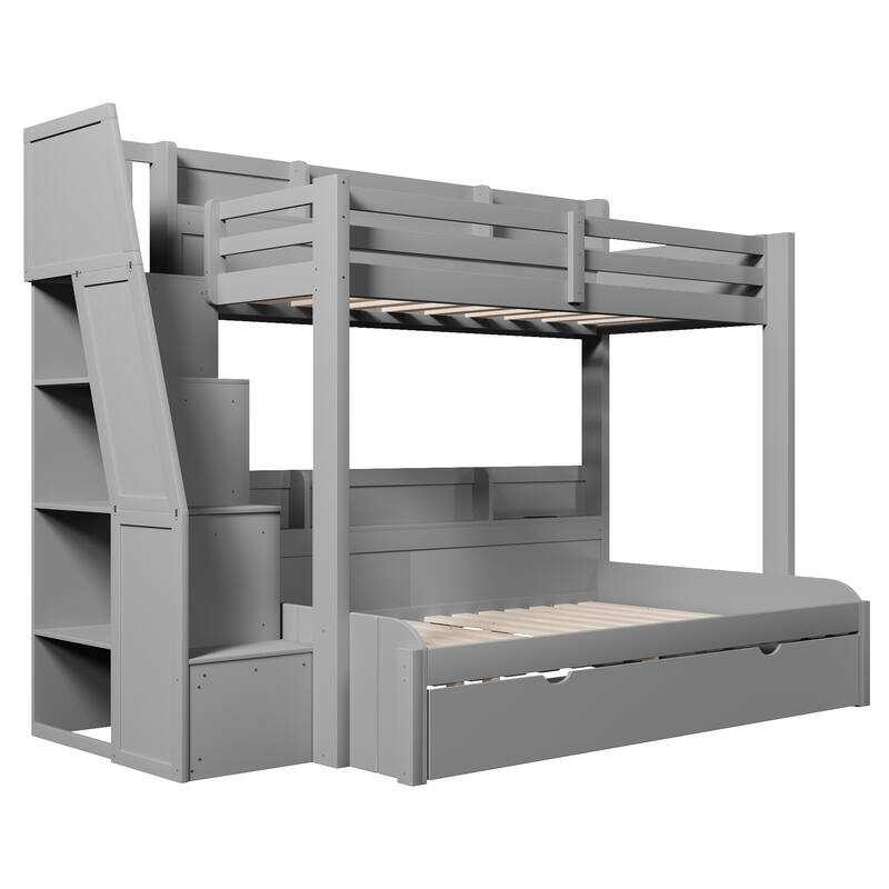 Roomfitters Twin Over Full Bunk Bed with Storage Staircase, Trundle, LED and USB