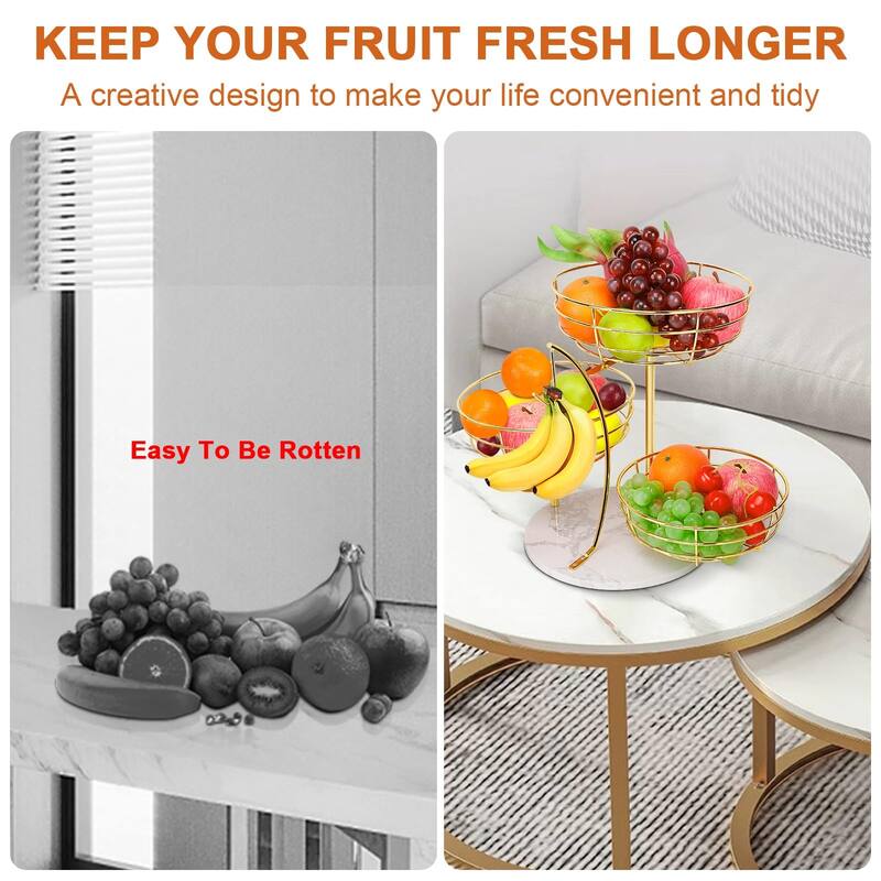 Fruit Basket Bowl with Banana Hanger, Metal Fruit Vegetable Storage Basket with Banana Holder