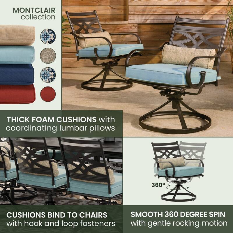 Hanover Montclair 11-Piece Dining Set in Ocean Blue with 10 Swivel Rockers and a 60-In. x 84-In. Table
