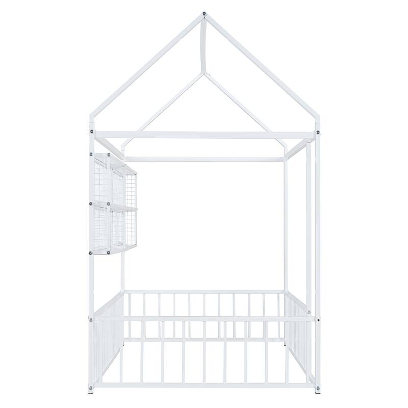 Twin Metal House Bed Frame with Storage Shelves & Fence